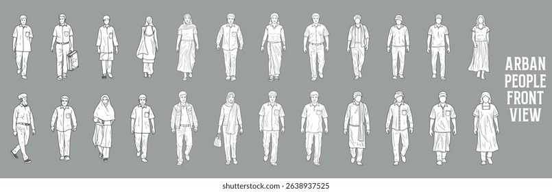 Side of view arban people architectural vector illustration	