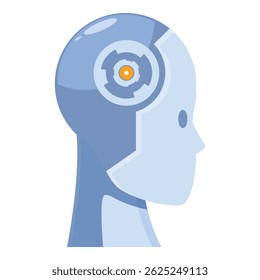 Side view of an artificial intelligence character with its brain exposed, showing digital gears turning