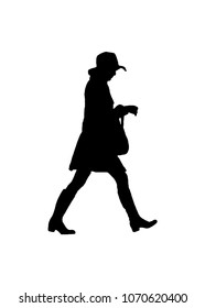 Side view attractive elegant woman walking graphic silhouette isolated against white background