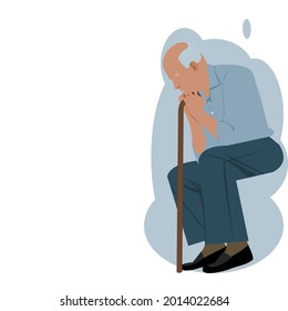 Side view of bald old man sitting with his hands on a cane and bowed his head looks lonely on blue background. Vector isolate flat design concept For depression, lonely ,sadness, dejection, melancholy