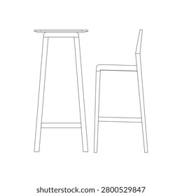 Side view of bar set with rectangular bar table, two bar chairs, and side stool in simple outline style, highlighting modern furniture proportions.