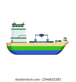 Side view of barge or cargo ship on white background. Cargo vessel or ferry boat cartoon illustration. Industrial or commercial freight. Cargo, shipping concept