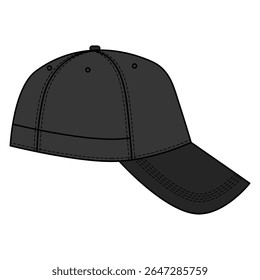 Side View Baseball Cap Vector, Black Hat Mockup Illustration for Branding.