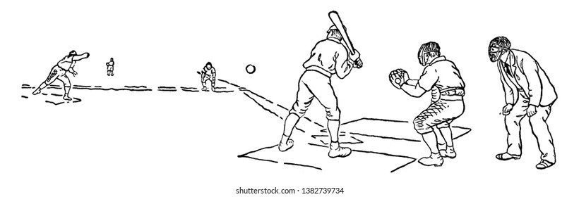 A side view of a baseball game, vintage line drawing or engraving illustration.