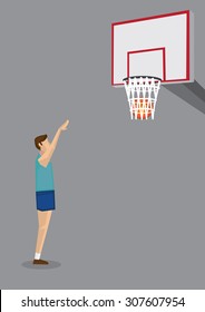 Side view of a basketball player extending arms to shoot basketball into hoop. Vector cartoon illustration on basketball sport theme isolated on grey background.