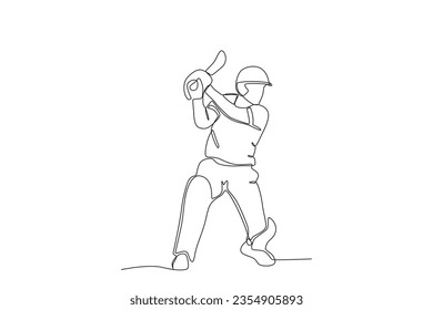 Side view of a batsman preparing to receive the ball. Cricket one-line drawing