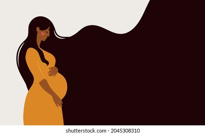 Side view of a beautiful pregnant black woman in a yellow dress. Banner about pregnancy and motherhood with copy space, background for text. Flat cartoon vector illustration.