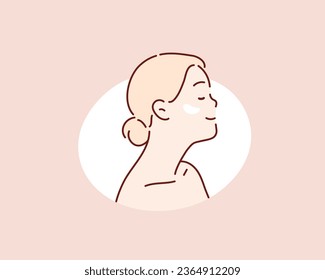 Side view of beautiful woman with cream on her cheek looking at something. Hand drawn style vector design illustrations.