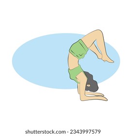 Side view of beautiful young woman doing a yoga on blue copy space illustration vector hand drawn isolated on white background