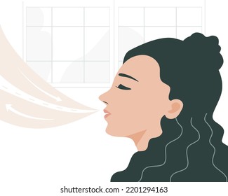 Vista lateral de la hermosa cara de la mujer, ella maneja su estrés o ansiedad respirando ejercicio. Ilustración plana vectorial.