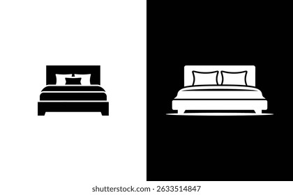 Side view bed icon featuring two pillows with a black outline. The bed is isolated against a contrasting split black and white background.