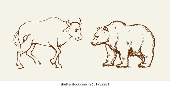 Side view big brown strong power angry zoo farm head face boom attack stand prey field sky. Black line hand drawn abstract old male horn ox calf outline art sketch danger gain conflict logo sign icon