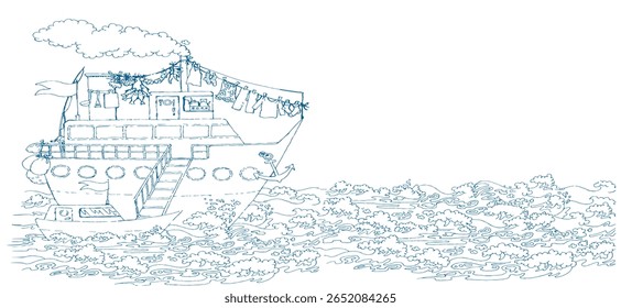 Side view Big cute old power retro naval white stair go swim race lake wave cloud sky text space. Outline hand drawn small play modern fun kid sport navy pier toy game sign icon sketch line art style