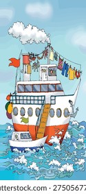 Side view Big cute old power retro naval white stair go swim race lake wave cloud sky text space. Outline hand drawn small play modern fun kid sport navy pier toy game sign icon sketch line art style