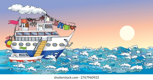 Side view Big cute old power retro naval white stair go swim race lake wave cloud sky text space. Outline hand drawn small play modern fun kid sport navy pier toy game sign icon sketch line art style