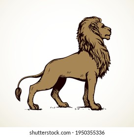 Side view big old african proud powerful nobility big leo beauty stand fierce look prey. Bright brown color black ink pen line hand drawn logo emblem pictogram art outline print style paper text space