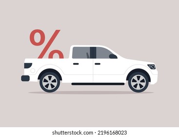 A side view of a big pick up truck loaded with a huge percent sign, a special discount concept