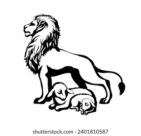 Side view big strong power fur felin cat beast mane face stand fun prey holy Jesus church hope joy Black line hand drawn white Africa zoo care cute little wool ram rest relax small logo kid art sketch