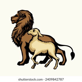 Side view big strong power fur felin cat beast mane face stand fun prey holy Jesus church hope joy Black line hand drawn white Africa zoo care cute little wool ram rest relax small logo kid art sketch