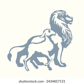 Side view big strong power fur felin cat beast mane face stand fun prey holy Jesus church hope joy Black line hand drawn white Africa zoo care cute little wool ram rest relax small logo kid art sketch