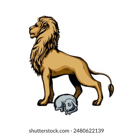 Side view big strong power fur felin cat beast mane face stand fun prey holy Jesus church hope joy Black line hand drawn white Africa zoo care cute little wool ram rest relax small logo kid art sketch