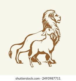 Side view big strong power fur felin cat beast mane face stand fun prey holy Jesus church hope joy Black line hand drawn white Africa zoo care cute little wool ram rest relax small logo kid art sketch