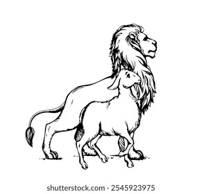 Side view big strong power fur felin cat beast mane face stand fun prey holy Jesus church hope joy Black line hand drawn white Africa zoo care cute little wool ram rest relax small logo kid art sketch