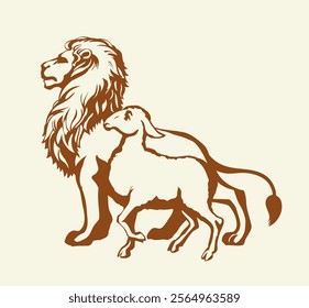 Side view big strong power fur felin cat beast mane face stand fun prey holy Jesus church hope joy Black line hand drawn white Africa zoo care cute little wool ram rest relax small logo kid art sketch