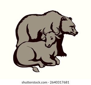 Side view big strong power fur beast pet stand head face fun prey joy lay ranch field grass sky god faith hope Black line hand drawn old horn male king ox lie care cute church art sketch zoo sign icon