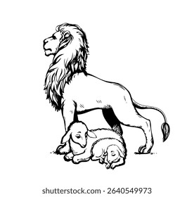 Side view big strong power fur felin cat beast mane face stand fun prey holy Jesus church hope joy Black line hand drawn white Africa zoo care cute little wool ram rest relax small logo kid art sketch