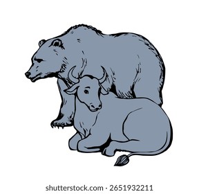 Vista lateral grande poder forte besta animal de pele pé cabeça cara diversão presa alegria leigo campo grama céu deus fé esperança Black line mão desenhado chifre velho rei boi homem mente cuidado bonito igreja arte esboço zoológico sinal ícone
