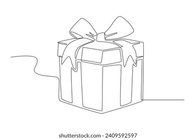 Una caja de regalo de cumpleaños de vista lateral. Dibujo de una línea de caja de regalo