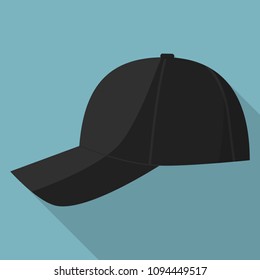 Side view of black baseball cap icon. Flat illustration of side view of black baseball cap vector icon for web design