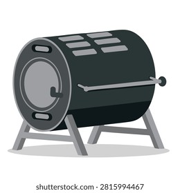 A side view of a black composting tumbler bin with a grey stand, designed for organic waste recycling and soil production in a garden setting.