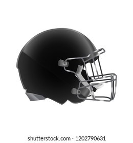 Side view of black football helmet isolated on white background. Sports equipment icon. Vector illustration.