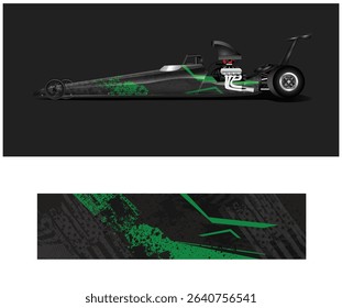 Side view of a black and green dragster with a grunge design, perfect for racing and automotive projects.