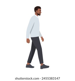 Side View of a Black Man Walking Forward. Flat vector illustration isolated on white background