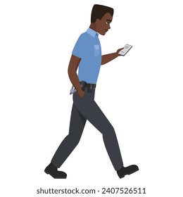 Side view of black policeman with phone. African police officer using smartphone cartoon vector illustration