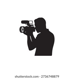 Side view of a black silhouette of a cameraman holding a professional video camera to record. Figure isolated on a white surface.