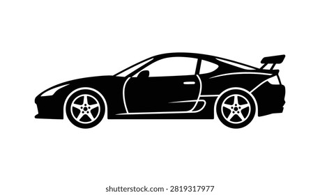 A side view black silhouette illustration of a modern sports car with a rear spoiler isolated on a white background