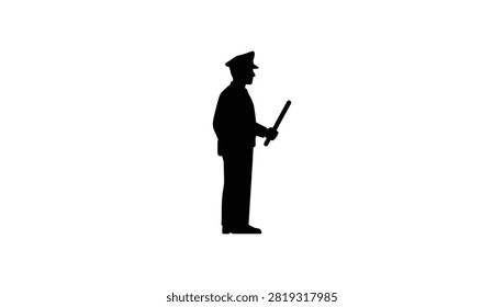 A side view black silhouette illustration of a police officer wearing a cap and uniform while holding a baton isolated on a white background