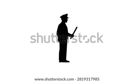 A side view black silhouette illustration of a police officer wearing a cap and uniform while holding a baton isolated on a white background