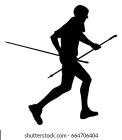 side view black silhouette male runner with trekking poles running