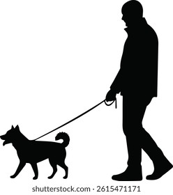 Side view black silhouette of man walking a dog on leash, isolated, simple vector style