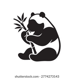 Side view black silhouette of panda bear holding bamboo branch for nature themed vector graphic