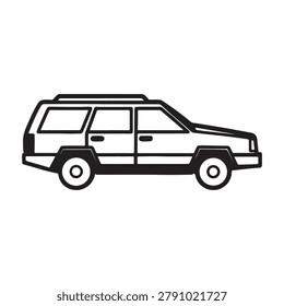 Side view of a black and white SUV vehicle with large windows and roof rack on white background family car