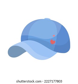 Side view of blue baseball cap with heart vector illustration. Sports hat with visor for children and adults isolated on white background. Headwear, fashion, summer concept