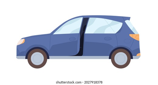 Side view of blue car with open door. New modern auto. Hatchback automobile. Road vehicle. Flat cartoon vector illustration of motor transport isolated on white background