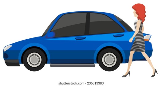 Side view of a blue car with woman walking pass by
