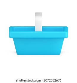 Side view blue empty plastic shopping cart buying 3d icon vector illustration. Store transportation for customer comfortable purchasing putting goods into basket isolated. Grocery carrying container